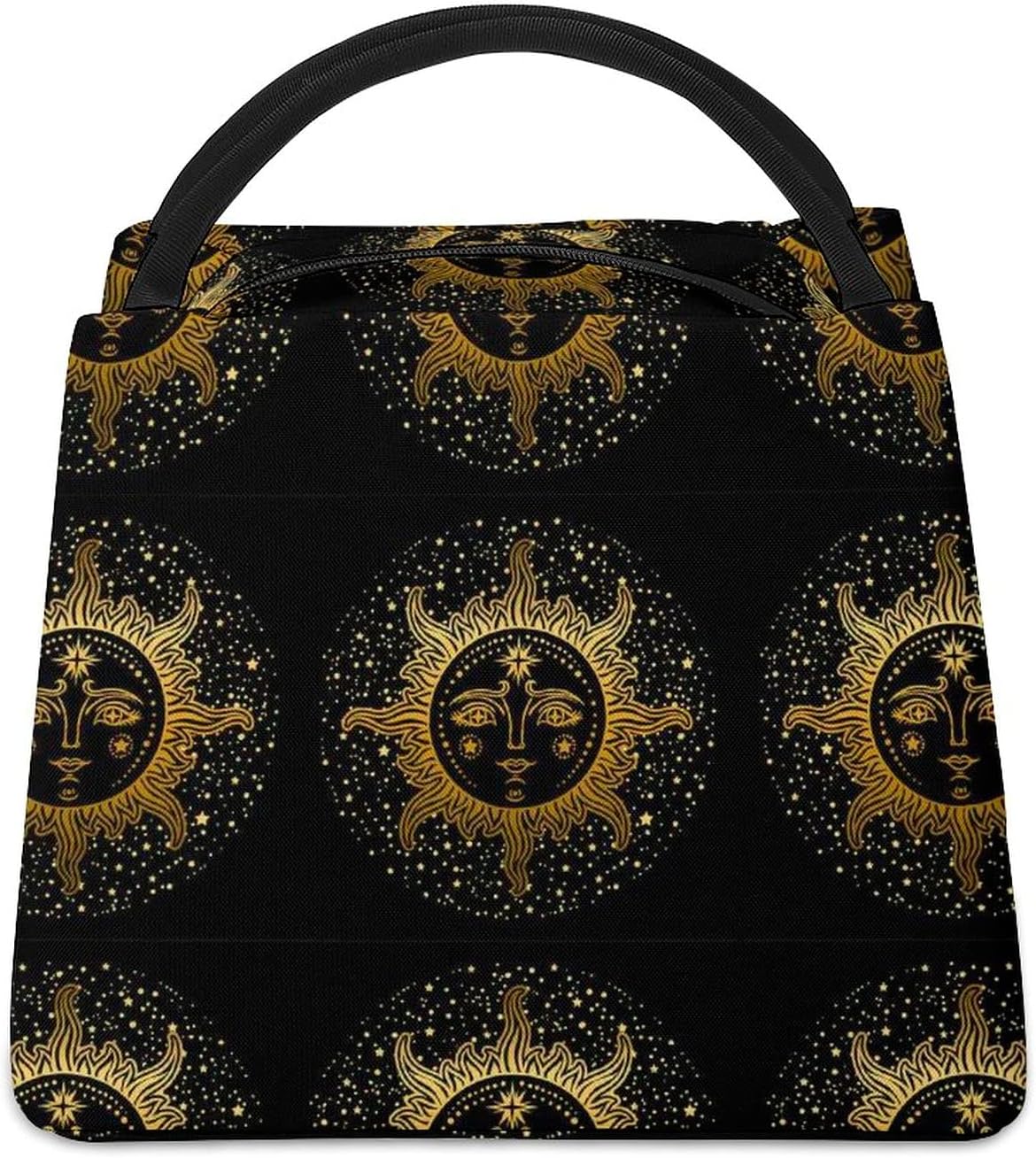 Hand Drawn Gold Golden Face of the Sun Stars on Black Dark Lunch Box Portable Handbag Lunch Tote Bag Insulated Cooler Thermal Lightweight Reusable Bag for Travel Work Office Picnic School