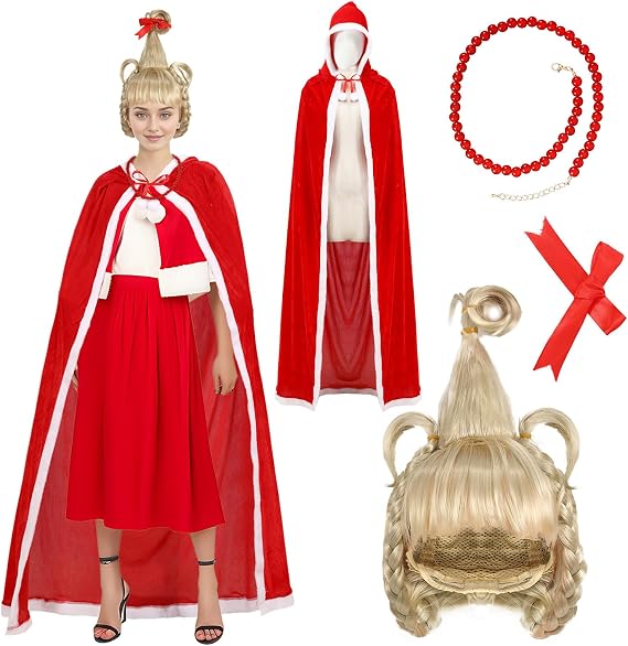 4Pcs Christmas Red Robe Hooded Cloak Wig Necklace Bow