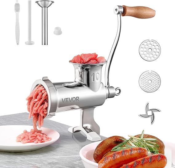 VEVOR manuelle Fleischmühle alle Teile Edelstahl handbetriebene Fleischmahlmaschine mit Tischklemme 2 Schleifplatten & Wurstfüller ideal für Zuhause Küche Restaurant Metzgergeschäft