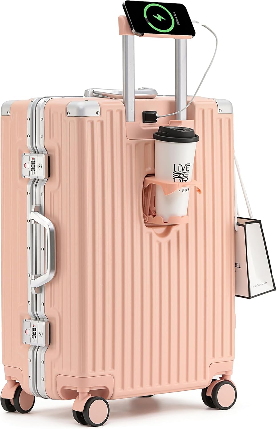 Hard Shell Suitcase Cabin 4 Wheels Small Suitcase On Wheels with USB Charger Cup Holder,Hand Luggage Case Zipperless Pink, 20in