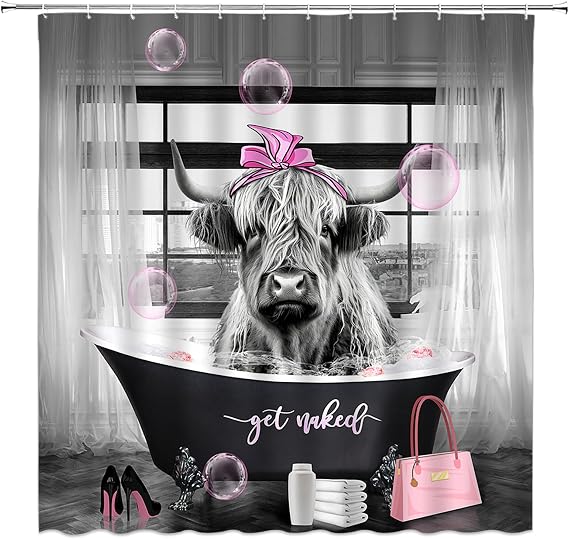 Funny Highland Cow Shower Curtain Fashion Bathtub Bubble Cow Animal Pink Bag High Heels Bathroom Curtain Fabric with Hooks