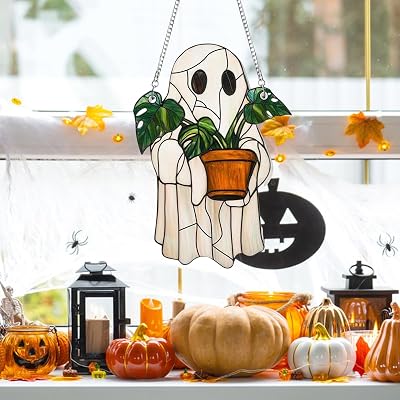 AMAMIA Halloween Cute Ghost Suncatcher Spooky Ghost Reading Book Window Decorations Stained Glass Style Acrylic Ghosts Plant Hanging Wall Hanging Ornament Light Catcher for Family Art Wall Decor E