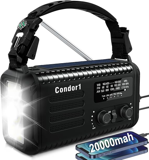20000mAh Emergency Weather Radio, Solar Hand Crank NOAA AM FM Radio