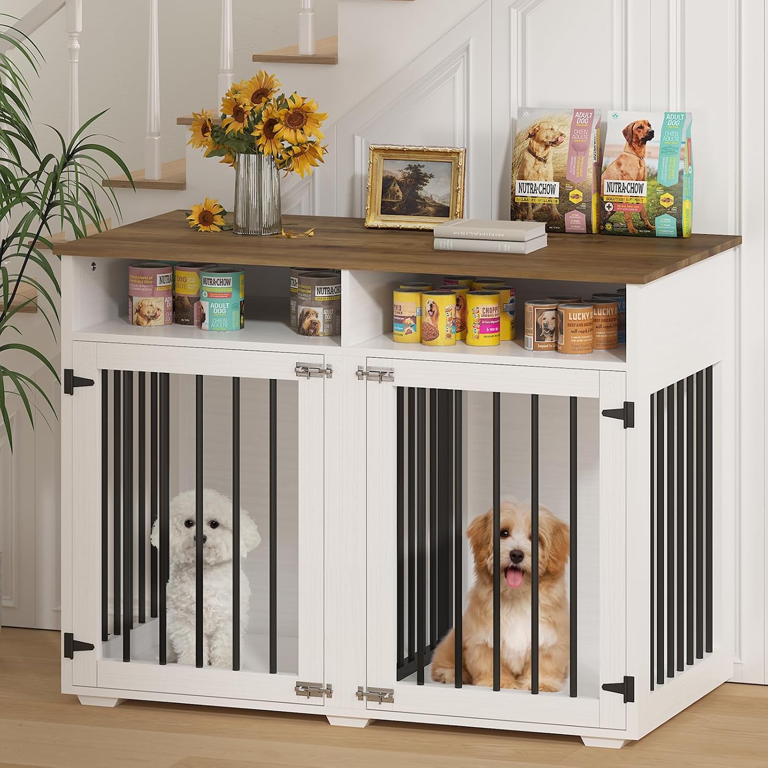 Furniture Dog Crate for 2 Dogs, 41 Inch Dog Kennel Furniture with Removable Divider and Shelf Storage, Wooden Dog Crate for SmallMedium Dogs, White