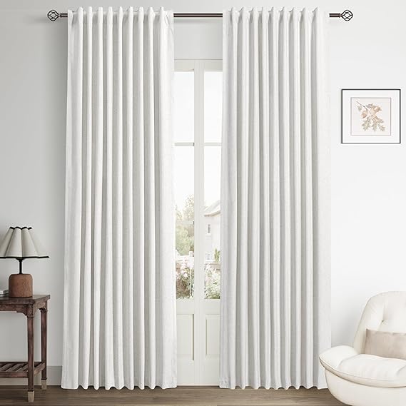 Beige White 100% Blackout Curtains 84 Inch Length for Bedroom Back Tab Thick Heavy Black Out Linen Drapes Farmhouse Rustic Living Room Thermal Insulated Energy Saving Light Blocking 2 Panels 52Wx84L