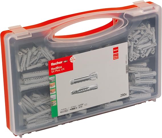 fischer Red-Box UX/SX Plus, dübel kutusu, 160 evrensel dübel, UX & 130 genişletme dübelleri SX Plus, önceden sınıflandırılmış dübel seti, çok sayıda yapı malzemesi ve sabitleme için