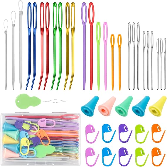 FIVEIZERO 43 Pcs Yarn Needles Set, Assorted Yarn Needles Bent Tapestry Needle Weaving Needle Darning Needles Big Eye Blunt Knitting Needles with Stitch Markers for Knitting Crochet Kit