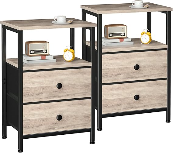 LOAKEKEL Bedside Table, Side Tables Set of 2 with 2 Fabric Drawers