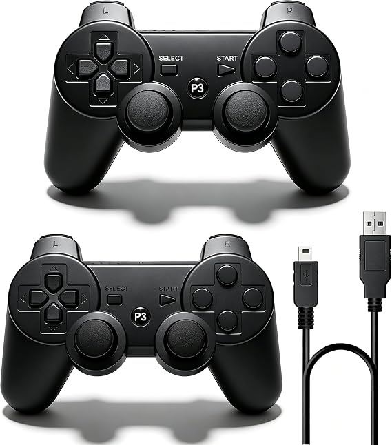 ＲＵＥＩＵＲＩ P-S3 Controller 2 Pack PS-3 Wireless controller Playstation 3 Controller Wireless Bluetooth Gamepad with USB Charger Cable for PS-3 ((Black+Black))