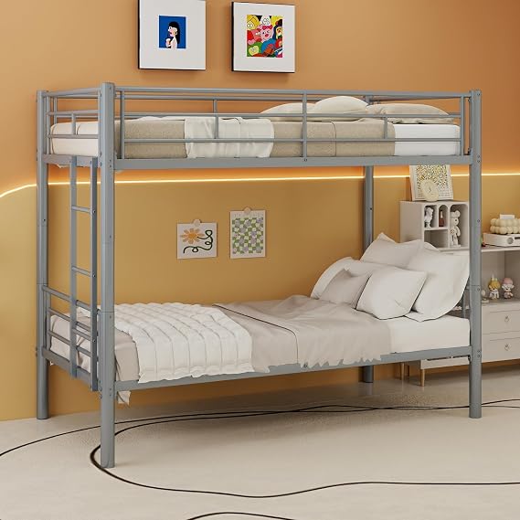 GNIXUU Metal Bunk Bed Twin Over Twin, Modern Bunk Beds with Ladder & Full-Length Guardrail, Heavy Duty Bunkbed Loft Bed for Teens, Adults, Space-Saving, Noise Free for Bedroom, Silver