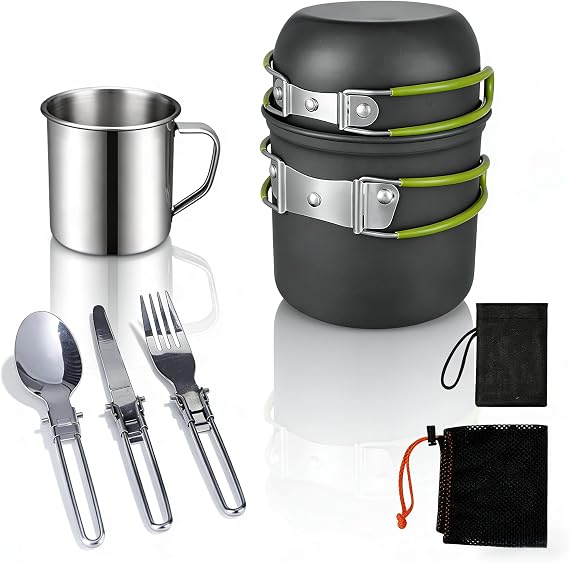 15pcs Camping Cookware Mess Kit,Non-Stick Pot and Pan Set with Kettle Stainless Steel Cups Plates Forks Knives Spoons Lightweight, Fork Spoon Kits for Backpacking, Outdoor Camping Hiking and Picnic
