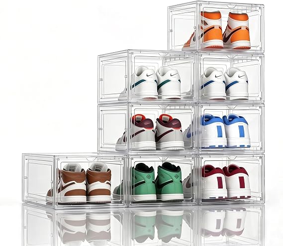 KEFA XL Shoe Storage Box Organizer, 8 Pack Shoe Boxes Clear Plastic Stackable, Sneaker Display Case Container Fit for US 15 (Drop 8 PACK CLEAR)