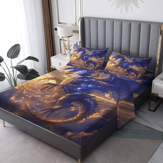 Purple Dragon Sheets Queen Sheet Set, Fantasy Bed Sheets, Mythical Dragon Bedding Bedroom Decor, Soft Microfiber Deep Pocket Fitted Sheet & Flat Sheet & 2 Pillowcases