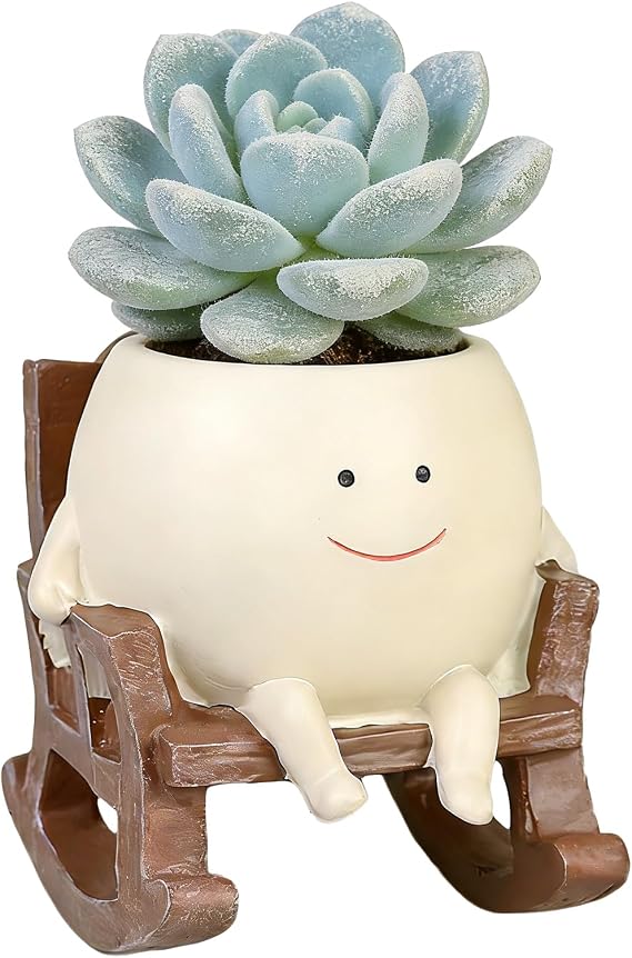 Smiley Face Funny Plant Pot, Cute Rocking Chair Succulent Plant Pot, Resin Flower Head Succulent Pots for Mother's Day & Teachers, for Indoor Outdoor Plants