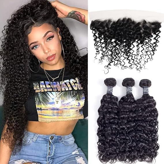 Amella Hair 8A Virgin Brazilian Hair Frontal with Bundles Kinky Curly 3 Bundles with Free Part Lace Frontal 20 22 24+18 inch Unprocessed Virgin Brazilian Hair #Black