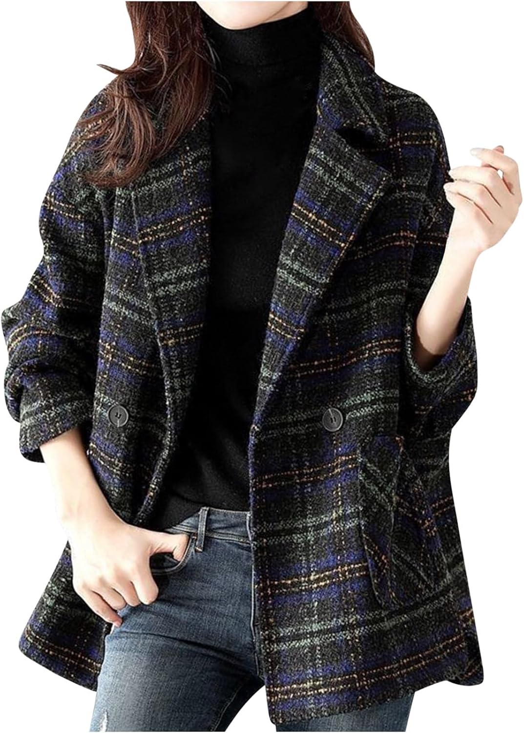 Womens Houndstooth Wool Blend Blazer Lapel Collar Double Breasted Winter Wool Pea Coat Overcoat Work Business Jacket