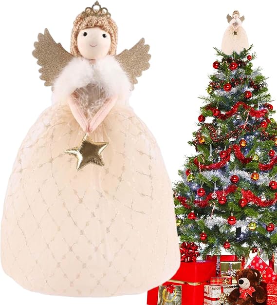 Angel Christmas Tree Topper, Angel Christmas Tree Top Ornament, Cute Fairy Topper Holiday Trees Decoration For Bedroom Living Room Office, 15x15x26cm
