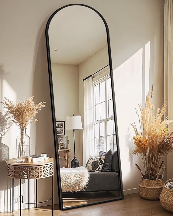 Delma Arched Full Length Mirror with Stand, Black Floor Mirror