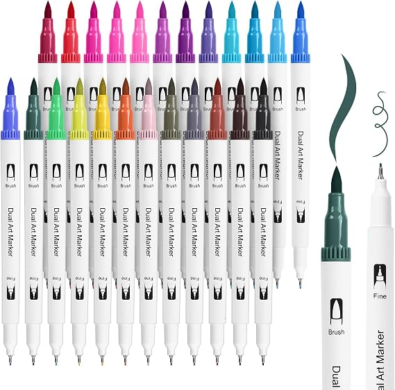 Dual Tip Brush Pens Set Of 24 Coloured, Colouring Pens brush pens,Fine Tip 0.4mm and Watercolour Brush Tip 1-2mm, Coloured drawing pens for Artists，Beginners
