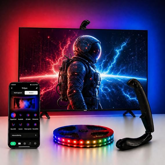 TV LED Backlight with Sensor, LED Sync Lights for TV 55-65 Inch, Smart Camera Sync to Screen, Ambient RGB Strip Lights for Gaming & Home Theater, App Control (14.7ft)