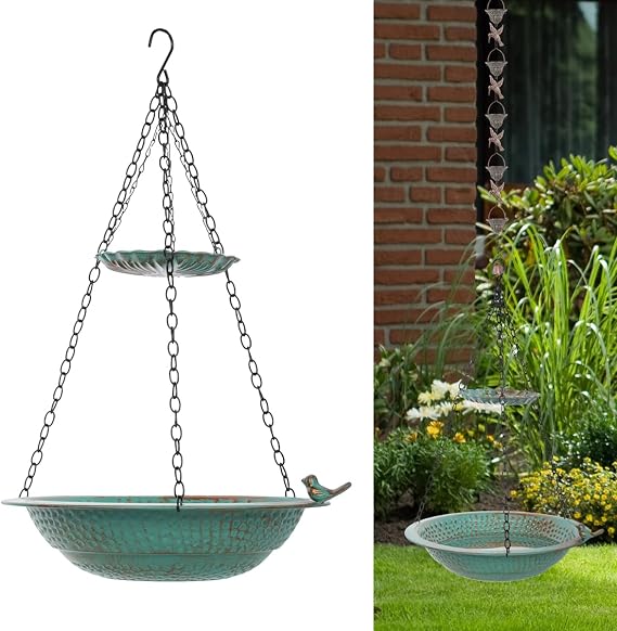 8.7 Ft Hummingbird Rain Chains and 13 inch Rain Chain Basin, Replacement for Gutter Downspout