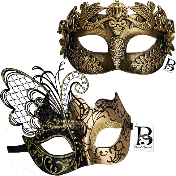 Masquerade Masks Men Women Couples Roman Greek God Mask Halloween Costume Cosplay Mardi Gras (Couple's-Gold/Black)