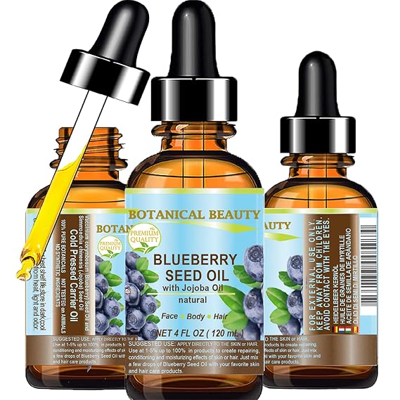 Botanical Beauty BLUEBERRY SEED OIL Virgin Unrefined Cold-Pressed Carrier Oil 4 Fl.oz.- 120 ml for Face, Dry Skin, Body, Hair, Nails, Anti-Aging Moisturizer