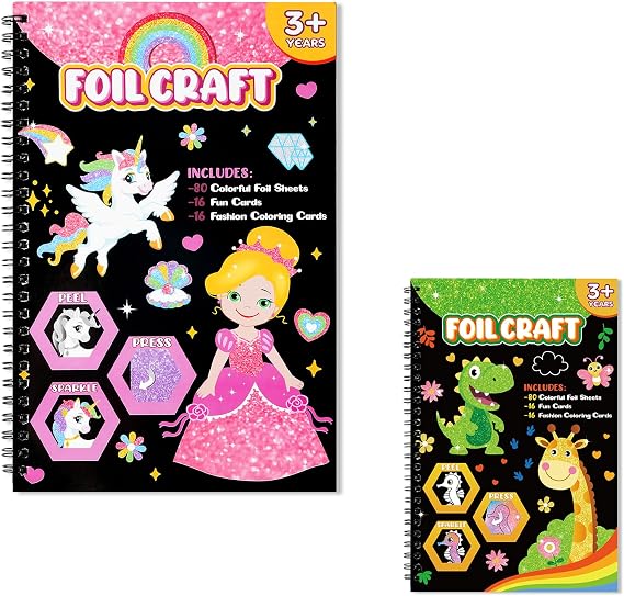 Art & Craft Activity,Foil Art Princess and Animals DIY Art Kits,No Mess Creative Foil Art Kits Set Drawing Game for Kids