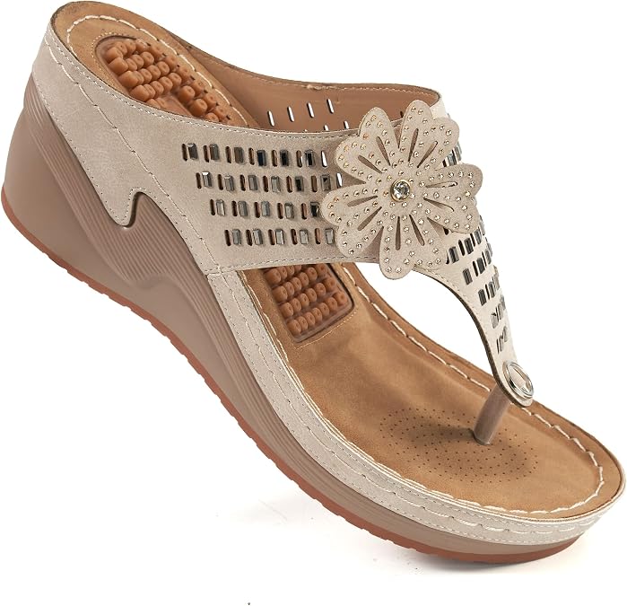 Aomigoct Wedge Sandals Women Flip Flops with High Increased Flower Platform Sandals for Women Dressy Summer Wedge Shoes Cushion FootBed Comfort Flip Flops, 9.5, Beige