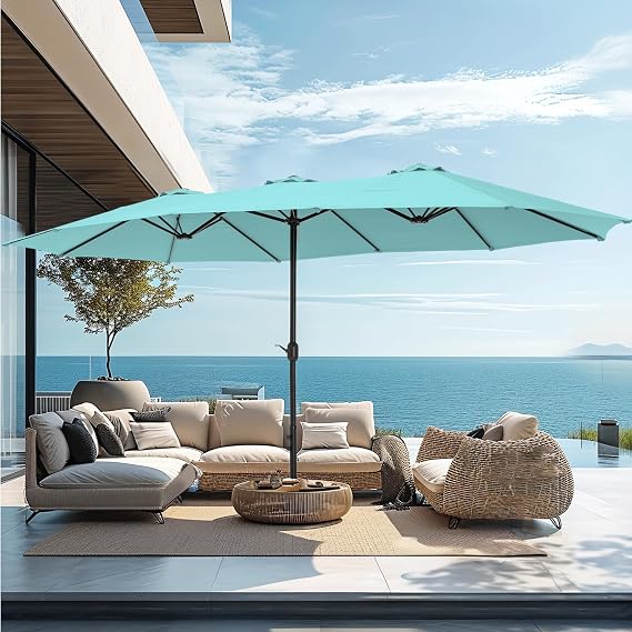PHI VILLA 15ft Large Outdoor Patio Umbrella with Base Included, Turquoise | Big Rectangle/Rectangular Market Table Umbrellas w/Stand, Double-Sised Giant Triple Head for Poolside Backyard, UV Resistant