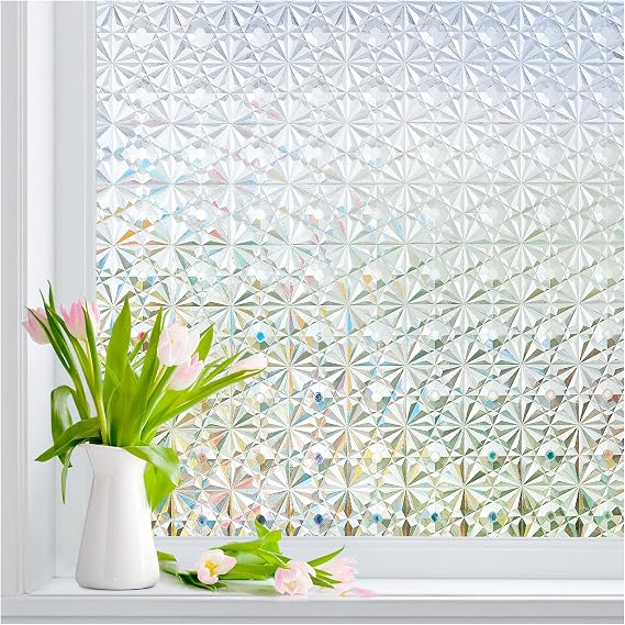 Windimiley Frosted Glass Window Privacy Film, Renter Friendly,11.8" x 78.7" | Static Cling No Glue Removable, UV Heat Blocking, 3D Diamond Decorative Window Film,Day and Night for Bathroom Bedroom Door