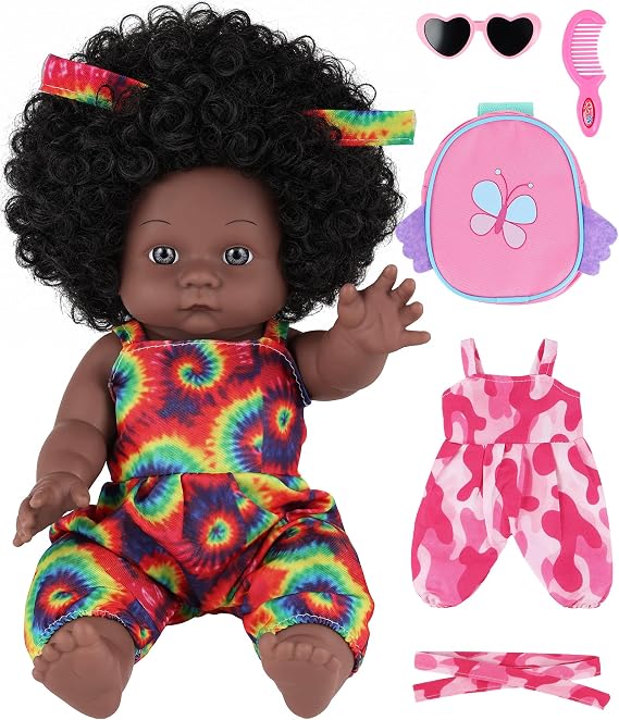 GAGAKU 12-Inch Black Baby Dolls with Natural Hair, Doll for Girls Toddlers Kids Ages 3+, Full Vinyl Baby Doll with Mini Backpack & Dolls Accessories