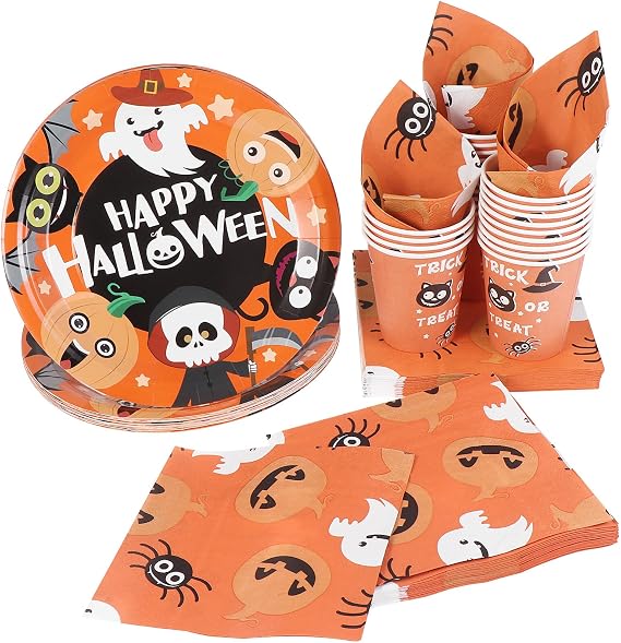 Hemoton Halloween Party Tableware Set Disposable Tableware Set Includes Halloween Paper Plates and Napkins Cups for Appetizers Lunch Dinner and Desserts (24 Pieces)