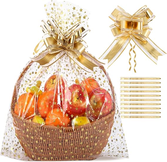 SOMIOCO Gold Star Large Cellophane Bags, Clear Cellophane Wrap for Gift Baskets 18x30 in OPP Plastic Gift Bags for Presents, Weddings, Bridal/Baby Showers ... with Gold Ribbon,2 Mil Thick 10 Packs