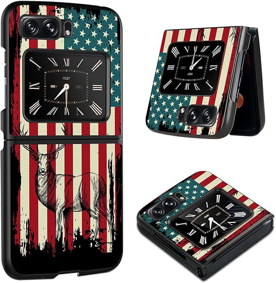 Retro Deer Flag for Motorola RAZR 5G 2022 Flip Case, Slim Phone Case for Razr 5G 2022, PU Leather Surface Hard PC Boby Shookproof Wireless Charging Men/Women Cover for RAZR 5G 2022