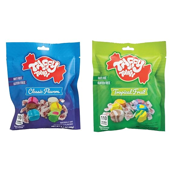 Taffy Town Saltwater Taffy Bundle Assorted & Tropical Mix | Gourmet Nougat-Style Candy | Soft & Delicious | Summer Snack Treats | Party Favors | 2 Bags (3.5 oz Each)