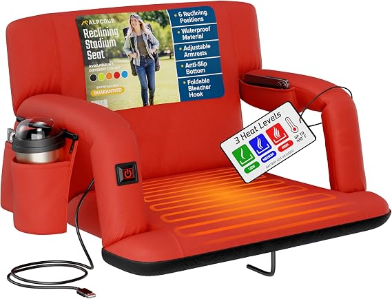 Heated Reclining Stadium Seat for Bleachers Wide Bleacher Chair with Back Support and Cushion, Armrests, Side Pockets, Hook Stadium Seats Chairs for Camping, Kayak, Paddle Board & More