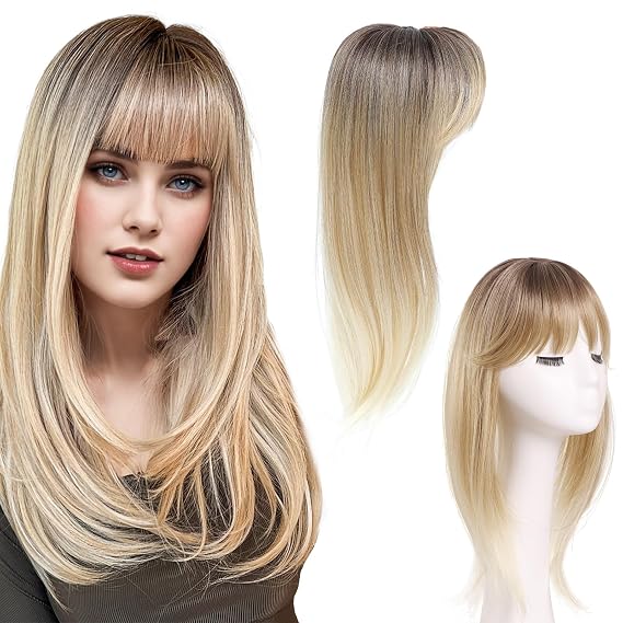 Hair Toppers for Women with Thinning Hair Pieces 18 Inch, 3603D Cover Fluffy Wispy Bangs Hair Clip Long Layered Synthetic Wig Topper with Bangs for Dialy Wear (Ombre Light Brown Blonde)