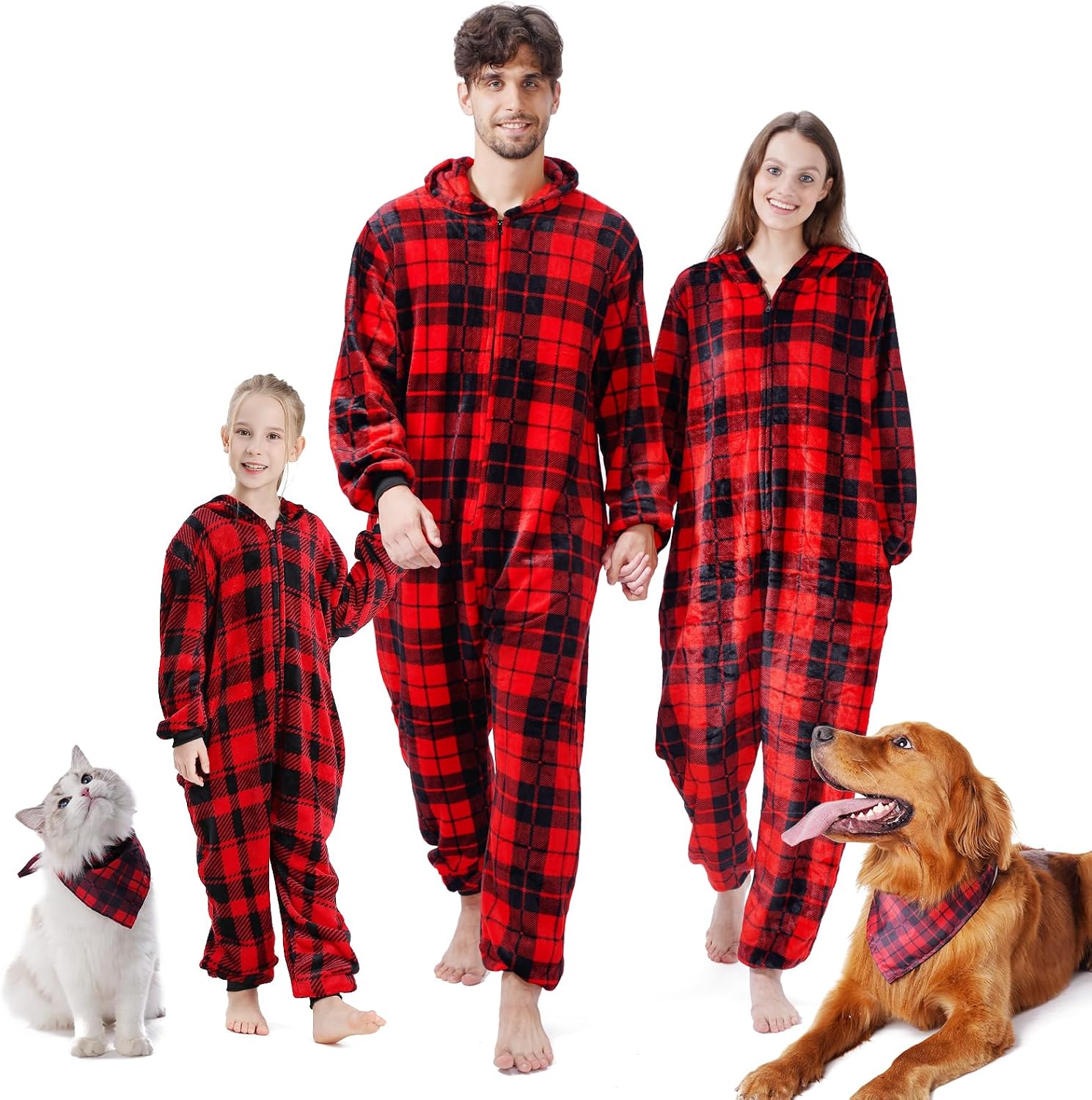 Matching Pajamas for Couples,2024 Onesies Flannel Womens Pijamas,One-Piece Red Plaid Fleece Pjs for Men Family
