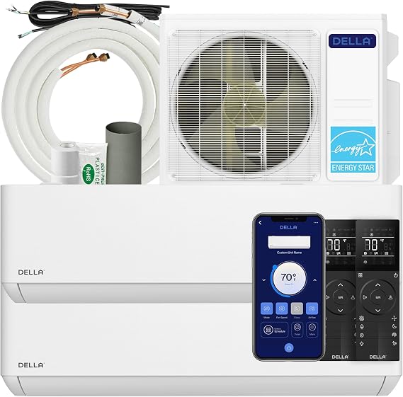 DELLA 18K BTU ODU 2 Zone 9K 9K BTU Cools Up to 800 Sq.Ft, Energy Star, 24 SEER2 208-230V, Compatible with Alexa and Wifi, Multi Zone Mini Split AC Pre-Charged Heat Pump, 16ft Installation Kits