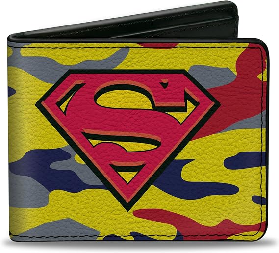 DC Comics Wallet, Bifold, Superman Shield Camo Yellow Gray Blue Red, Vegan Leather | Superman Shield Camo Yellow Gray Blue Red Billfold Credit Card and ID Slots Vegan Leather