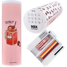 Lockable Pencil Case with Calculator, Standing Cylinder Shape, Multifunctional Password Lock Pen Box, Locking Desk Organizer, Cute Patterns for Girls, Boys, Kids, School Supplies(Strawberry)