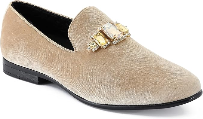 Amali Tiago- The Original Men's Faux Velvet Slip On Loafer with Jeweled Bit and Matching Piping - Mens Smoking Slip On Shoes - Formal Tuxedo Dress Shoe Loafers for Men