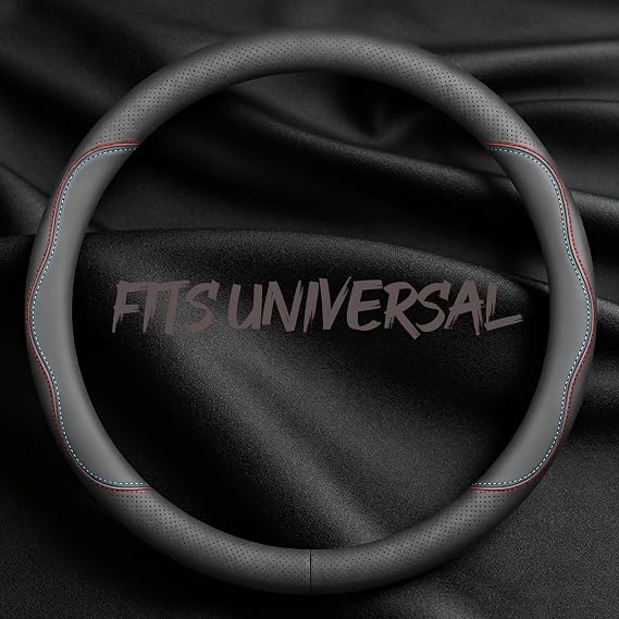 Leather Car Steering Wheel Cover, Breathable Laser-Perforated, Red-Blue Dual Lines, Premium Texture, 14.5-15 Inch for General Models
