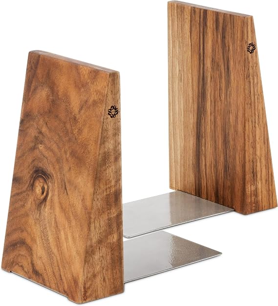 TILISMA Handmade Walnut Bookends for Shelves Bookends Made of Wood with Metal Base Book Holder for Heavy Books Modern Decorative Book Accessories to Keep Books Feast on the Bookshelf