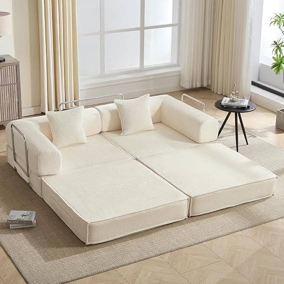 78" Convertible Sleeper Sofa Bed, Modular Corduroy Couch with 2 Pillows, Compressed Floor Sofa for Living Room, Bedroom (Beige)