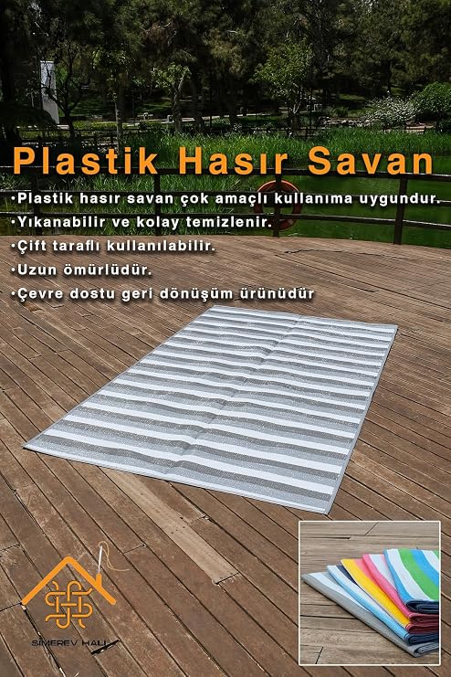 Hasır Savan Mat Plaj Kamp Piknik Bahçe Balkon Teras Yıkanabilir Katlanabilir Kilim GRİ 180 x 270