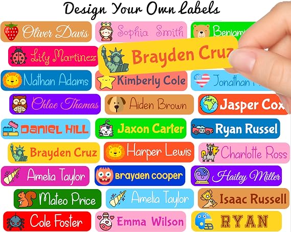 50 x Customized Name Labels | Perfect Kids Daycare and School Supplys Tag Labels | Cute Children's Name Label Pack - Waterproof Safe, Multi