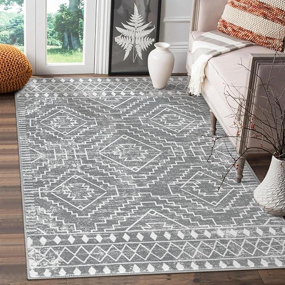 Wonnitar Moroccan Area Rugs 3x5, Gray Washable Entry Rug,Non-Slip Boho Small Bedroom Throw Mat, Non-Shedding Farmhouse Soft Low Pile Floor Carpet for Kitchen Bathroom Living Room (Silver Grey,3'x5')