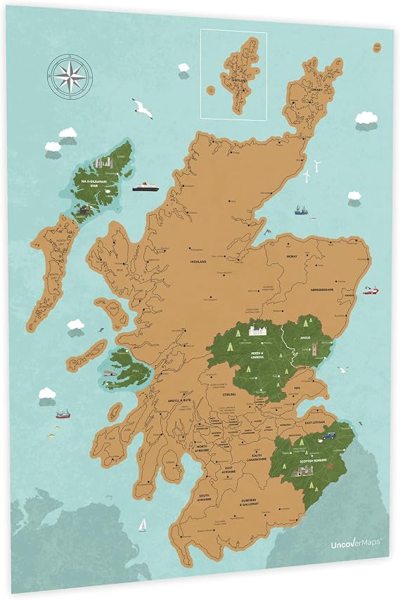 Uncover Maps Scotland Scratch Off Map - A2 Travel Poster with Illustrated Landmarks and NC500 - Unique Camper Van Accessory, Classroom Map or Wall Art